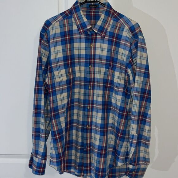 J.McLaughlin Blue Creme Red Tartan Plaid LS Flannel Cotton Business Work Shirt L - Picture 1 of 6